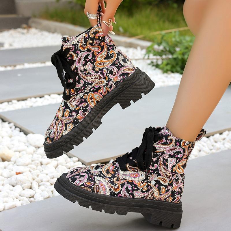 Fashion Autumn/Winter New Platform Modern Ankle Boot Women Round Toe Printed Lace-up Thick Bottom Motorcycle Boots Gothic Shoes