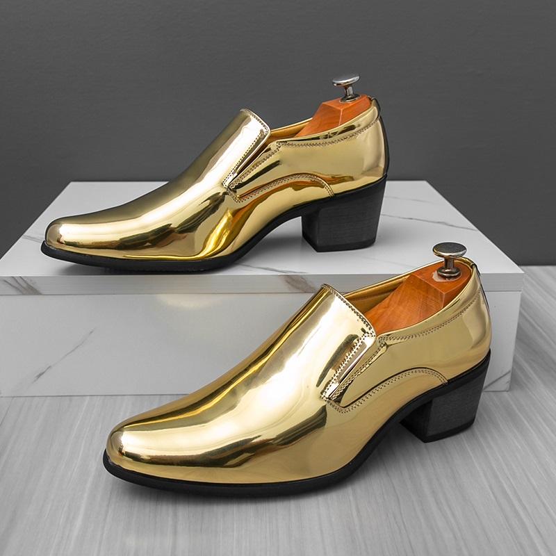 

Новая британская мода Мужские золотые остроносые туфли на толстой подошве, увеличивающие рост, Мужские мокасины, Свадебная обувь для выпускного вечера 38