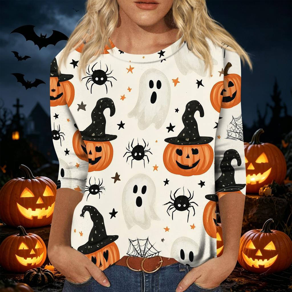 Womens Casual Halloween Print Pullover Shirt Three Quarter Sleeve Round Neck Top Lightweight Comfortable Fabric