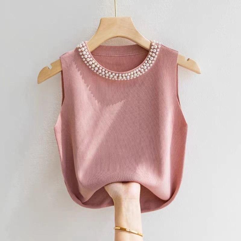 Summer Womens Knitted Tank Top With Pearl Embellishments For Casual Wear