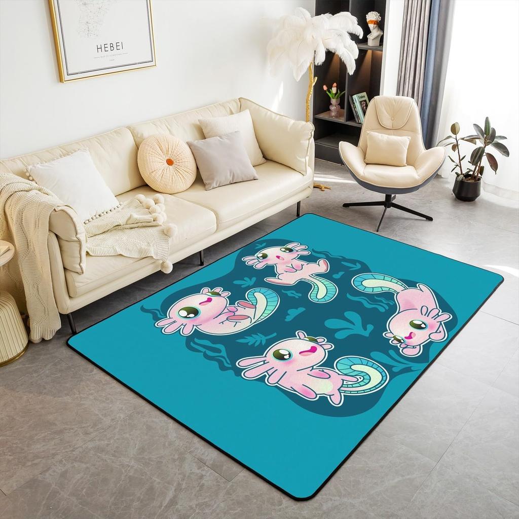 Kawaii Axolotl Area Rug for Girls, Space Moon Print Rug Kids Farm Animal for Bedroom Living Room Decoration Non Slip Carpet