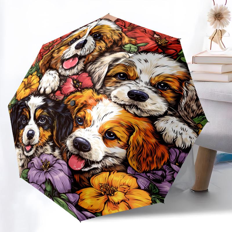 0106 Dog In Flower Bush  Pattern, Automatic Folding Umbrella, Portable and Foldable Design, 8 Ribs, a Christmas or Birthday Gift.