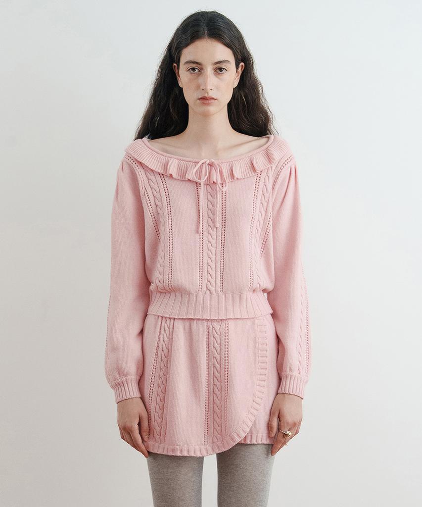 SINOON Ruffle Cable Knit Pullover (Pink)