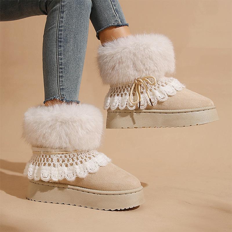 Retro thick-soled piled thickened snow boots women's shoes warm winter fluffy Birkenstock cotton shoes