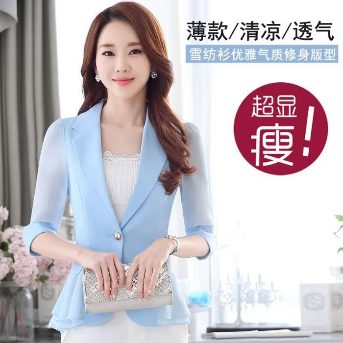 

Летнее тонкое пальто из ледяного шелка, новый маленький пиджак, короткий приталенный на одной пуговице, рукава семь восьмых, оборки из шифона, женский тонкий костюм XXXL синий