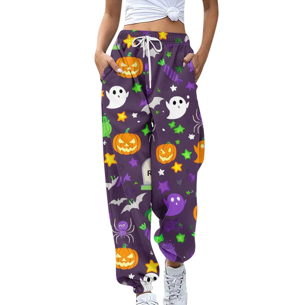Women's Sports Pants With Pockets Fashion Halloween Print Elastic Waist Pants Casual Sweatpants Pants