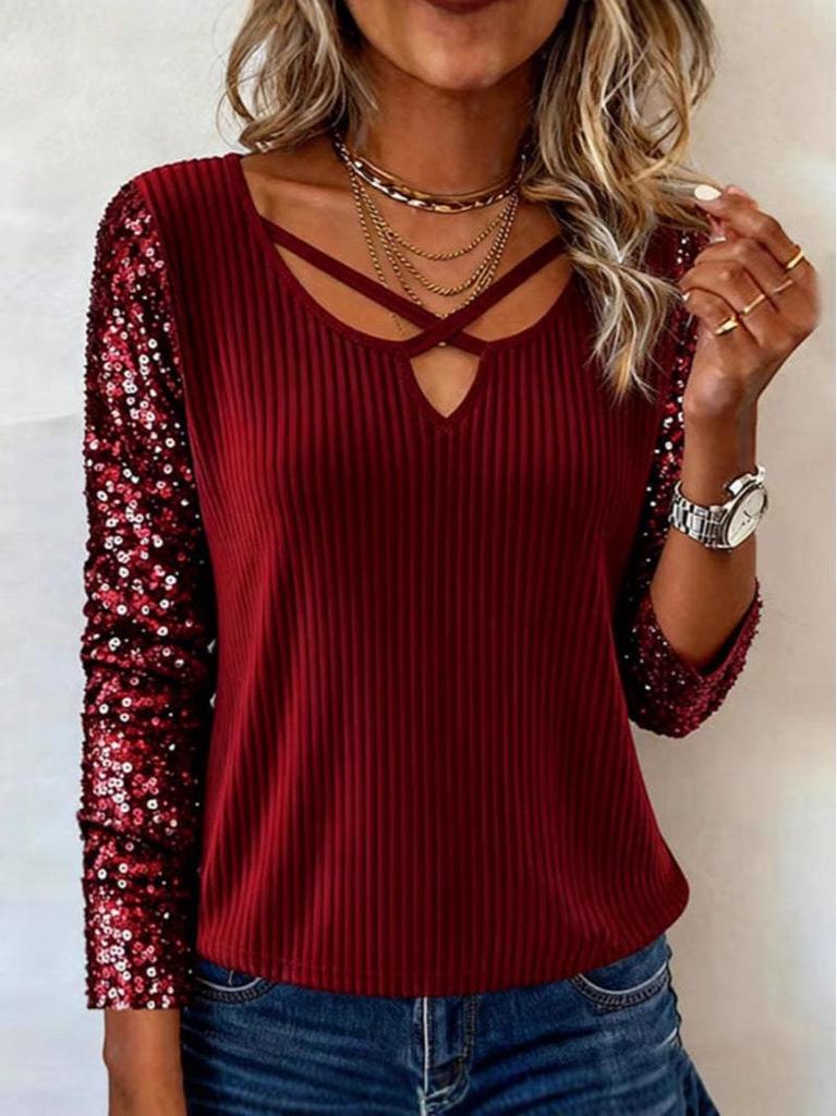 European-American Fashion Sequin Patchwork V-neck Long Sleeve Women's Top