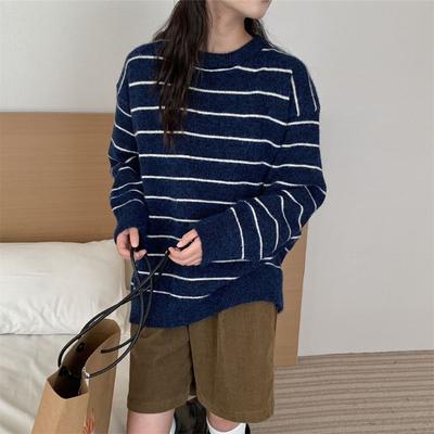 Rundhals-Retro-gestreifter Pullover Damen Herbst und Winter Neu locker lässig vielseitig Strickpullover Top