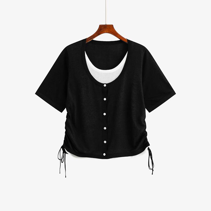 Plus Size Women's Summer Design Sense Fake Two Drawstring Knit Short Sleeved Tops