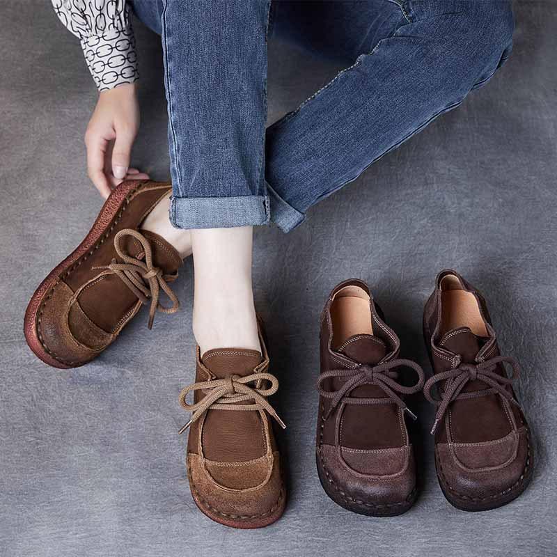 Take a Spring and Autumn New Fashion Color Matching Retro Soft-soled Women's Single Shoes Flat-soled Doudou Shoes First-layer Cowhide Lace-up
