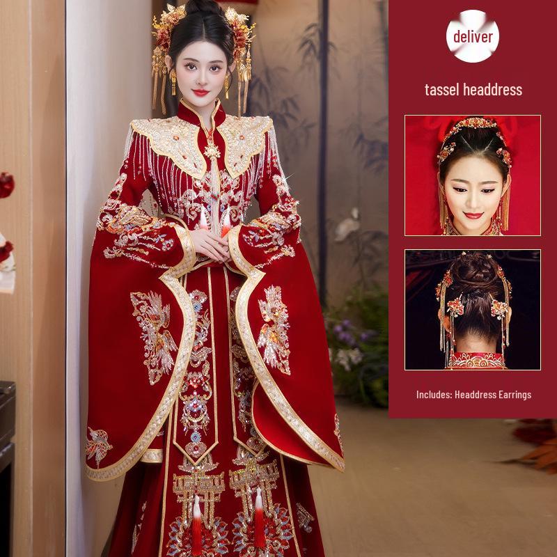 2025 Plus Size Xiuhe Dress with Phoenix Crown & Xiapei - Chinese Wedding Toasting Gown