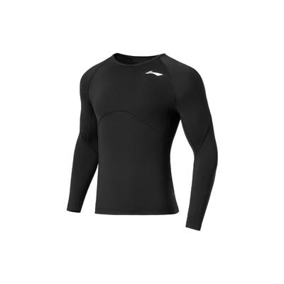 Li Ning Fitness sērijas vienkrāsas apaļkakla krekli ar garām piedurknēm, pieguloši fitnesa krekli vīriešiem, melns AUDS015-1