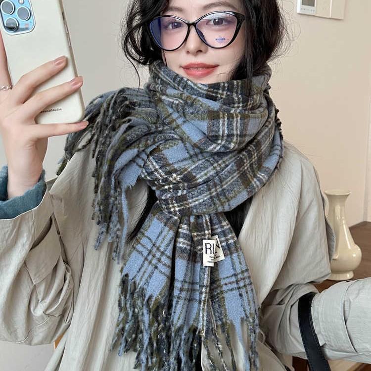 Maillard Plaid Scarf Women'S Season Thickened Warm Shawl Dual-Purpose Solid Color Student Bib Neck Tide