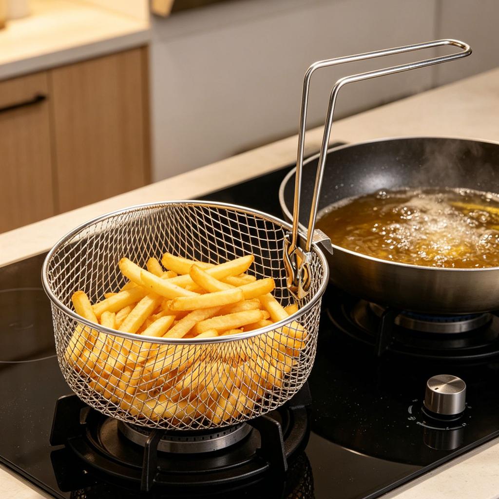 Cestello per Frittura da 2L in Acciaio Inossidabile a Filo Tondo con Manico Antiscivolo Multiuso per Uso Commerciale Cucina di Casa