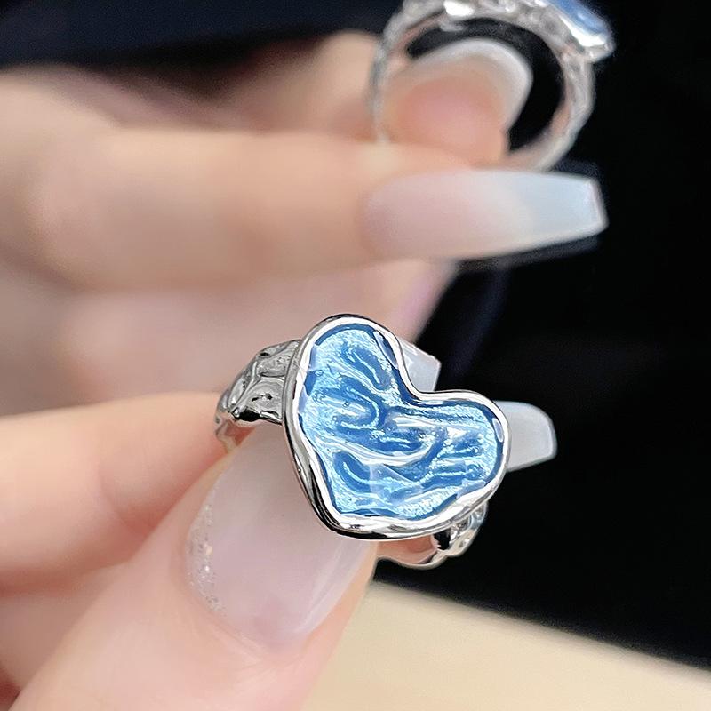 Enamel Drop Glaze Texture Love Live Ring Set Cold Wind Personality Female Niche Design Blue Ring
