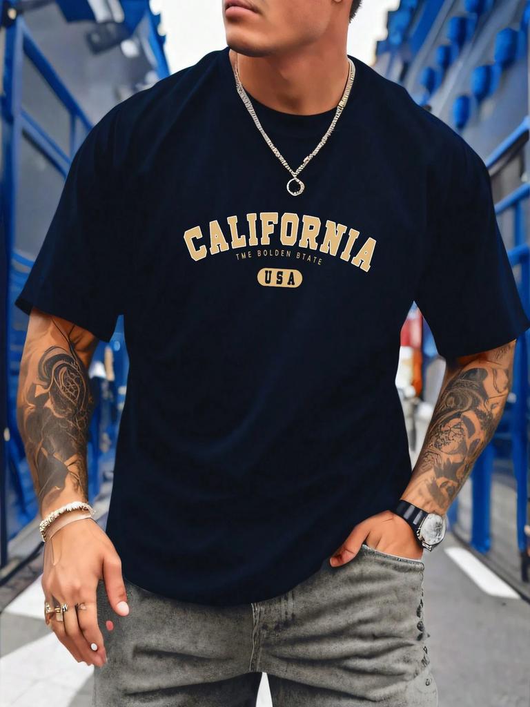 Mens Summer New 3D Tshirts Fashion California Letter Printed Loose Large Casual Comfortable Round Neck Short Sleeve Tshirt Top