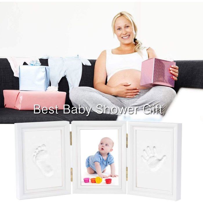 Newlemo empreinte de la main empreinte cadre photo kit pour garcons parfait cadeau de douche de bebe (3 parties, blanc)