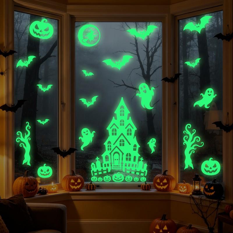 Halloween Decor Fluorescent Static Cling Stickers Ghost Haunted House Glass Decals Party