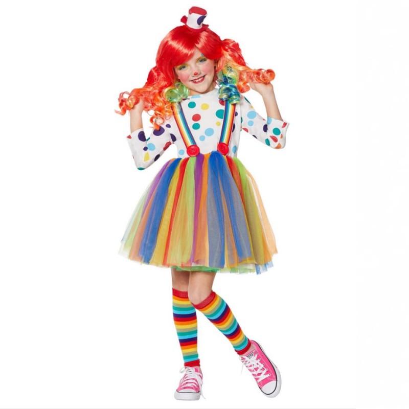 Halloween Circus Clown Costume Girls Rainbow Dress Set Role Play Outfit Stage Performance