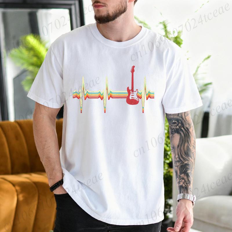 Unisexs Vintage Guitar Heartbeat TShirt Retro Music TShirts Hip Hop Streetwear Casual Short Sleeve Tops Guitarists Tshirts Gift