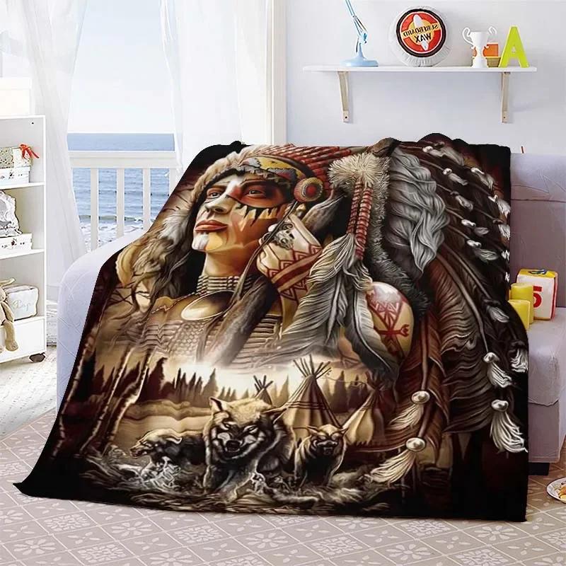 Indian Hunter Indigenous Culture Blanket Lightweight Cozy Soft Warm Flannel Throw Blanket Quilt Bedspread for Sofa Bed Home Gift