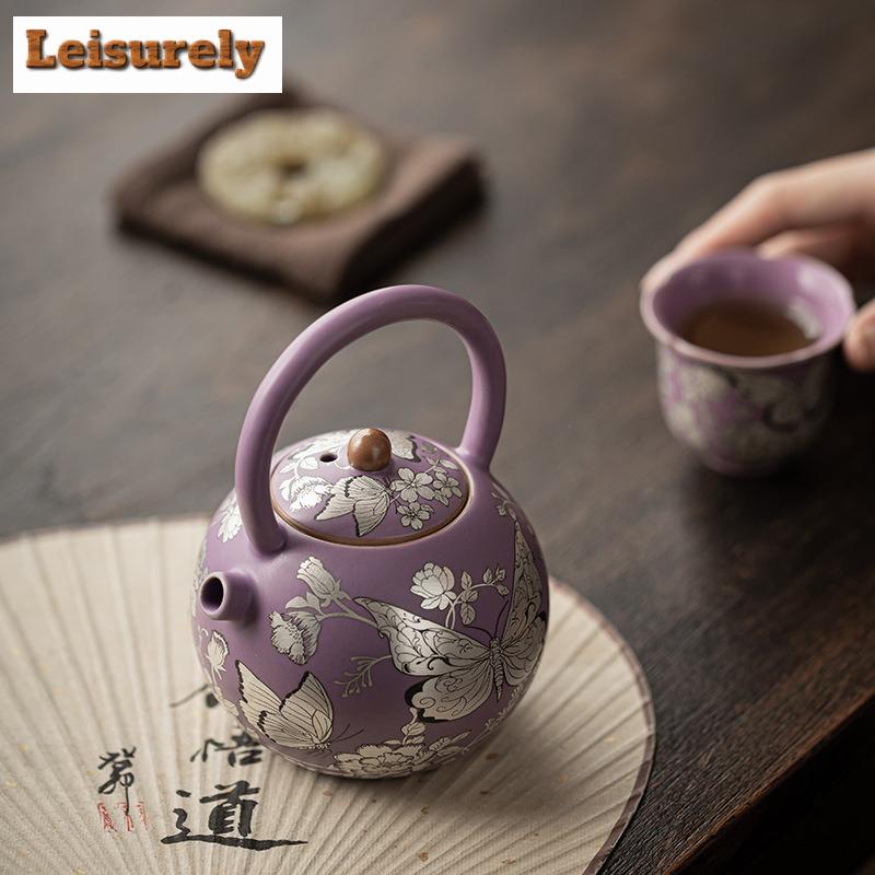 111ml Gilt Silver Butterfly Flower Lifting Handle Teapot Luxury Tea Infuser Pot Tea Brewing Kettle With Ball Hole Teaset Supplie