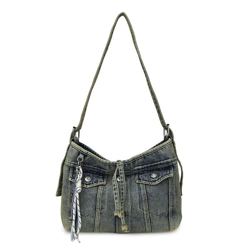 

Punk Rock Solid Denim Crossbody Bags Ccise Festival Essential for Ccerts & Travel Trendy High Capacity Commuter Travel Bag синій