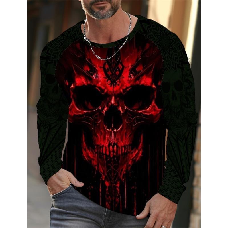 Men's Long-sleeved T-shirt 3D Printed High-definition Skull Stitching Printing Men's Autumn Tops Casual Round Neck Home Clothes