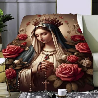 Bohemian Style Virgin Mary Printed Throw Blanket – All-Season Flannel Multipurpose Quilted Throw – Digital HD Print Design for S