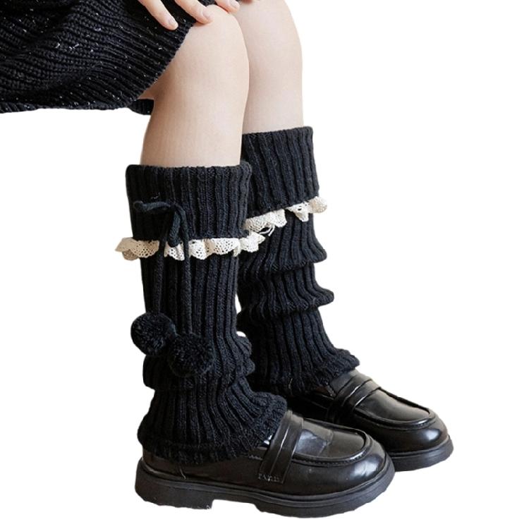 

Lace Frilly Leg Warmers Winter Warm Knitted Leg Sleeves Baggy Cuffs Ankle Heap Socks Bows Lace Up Long Leg Socks Gifts Os чорний