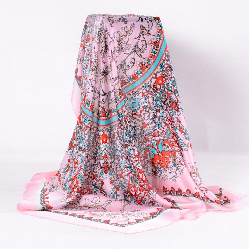 [BYSIFA] Ladies Silk Scarf Shawl Spring Autumn Women Large Square Scarves New Accessories Blue Silk Head Scarf Cape 110*110cm