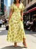 Yellow Green Abstract Print Maxi Dress V Neck Flutter Sleeve High Waist Slim Fit Holiday Long Dress