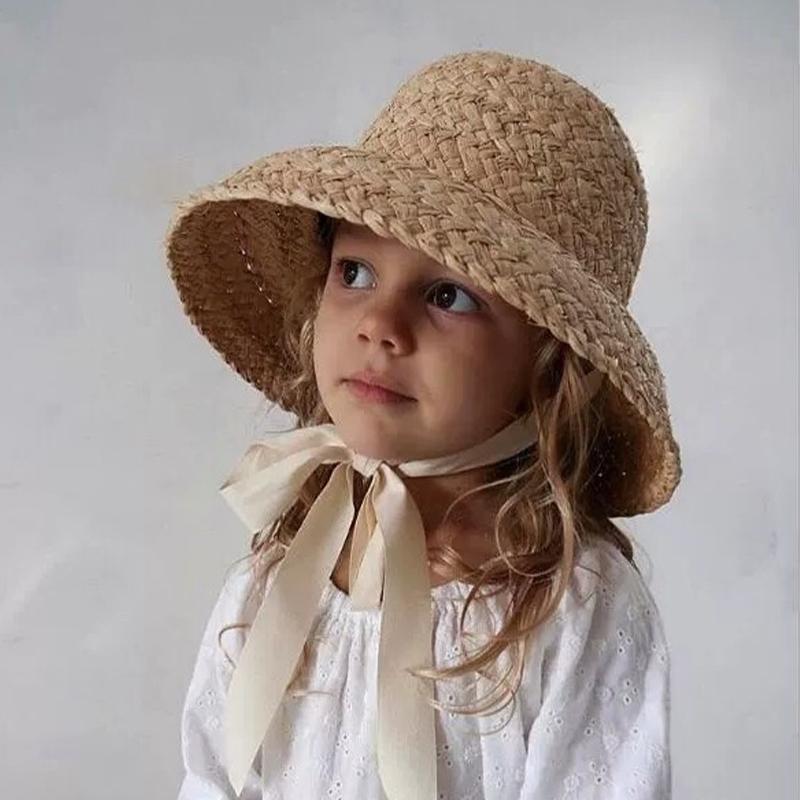 Hand-knitted Sun Hats Raffia Retro Summer Travel Sunscreen Beach Vacation Straw Hat with Lacing for Children Adult Holidays
