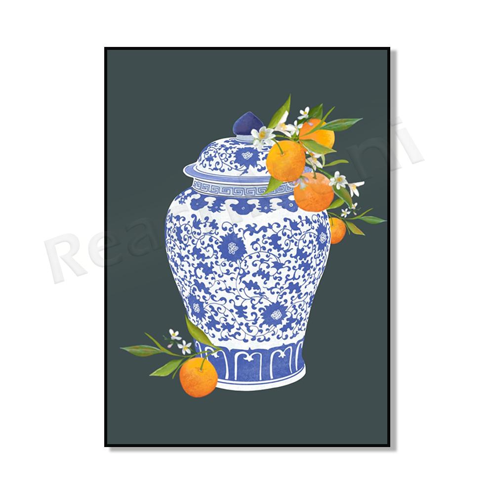 Ginger Jar Art Orange Wall Art Poster, Blue Chinoiserie Vase, Academic Wall Art, Traditional Asian Vase Print, Ginger Jar Print