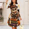 Women Plus Size Round Neck Long Sleeve Swing Dress Cowboy Skeleton Pumpkin Floral Print Halloween Casual Midi Dress