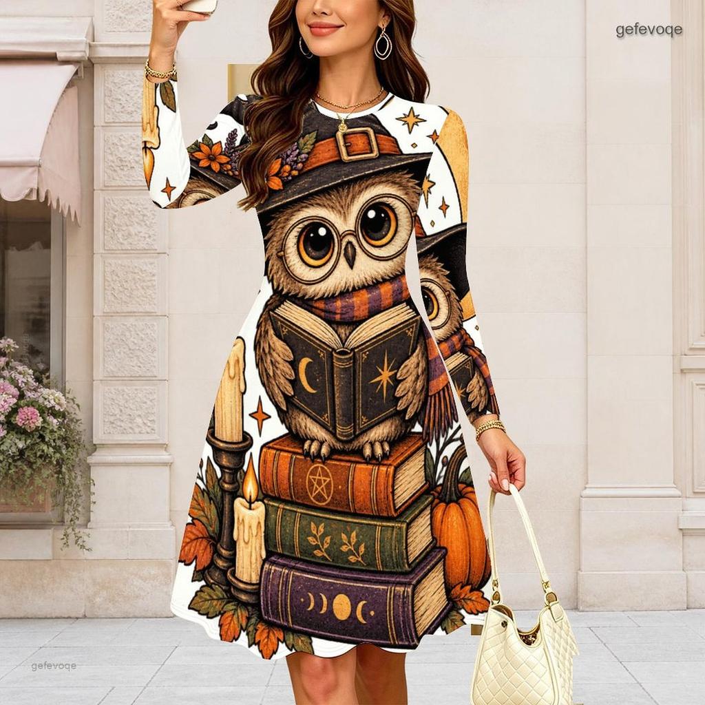Women Plus Size Round Neck Long Sleeve Swing Dress Cowboy Skeleton Pumpkin Floral Print Halloween Casual Midi Dress