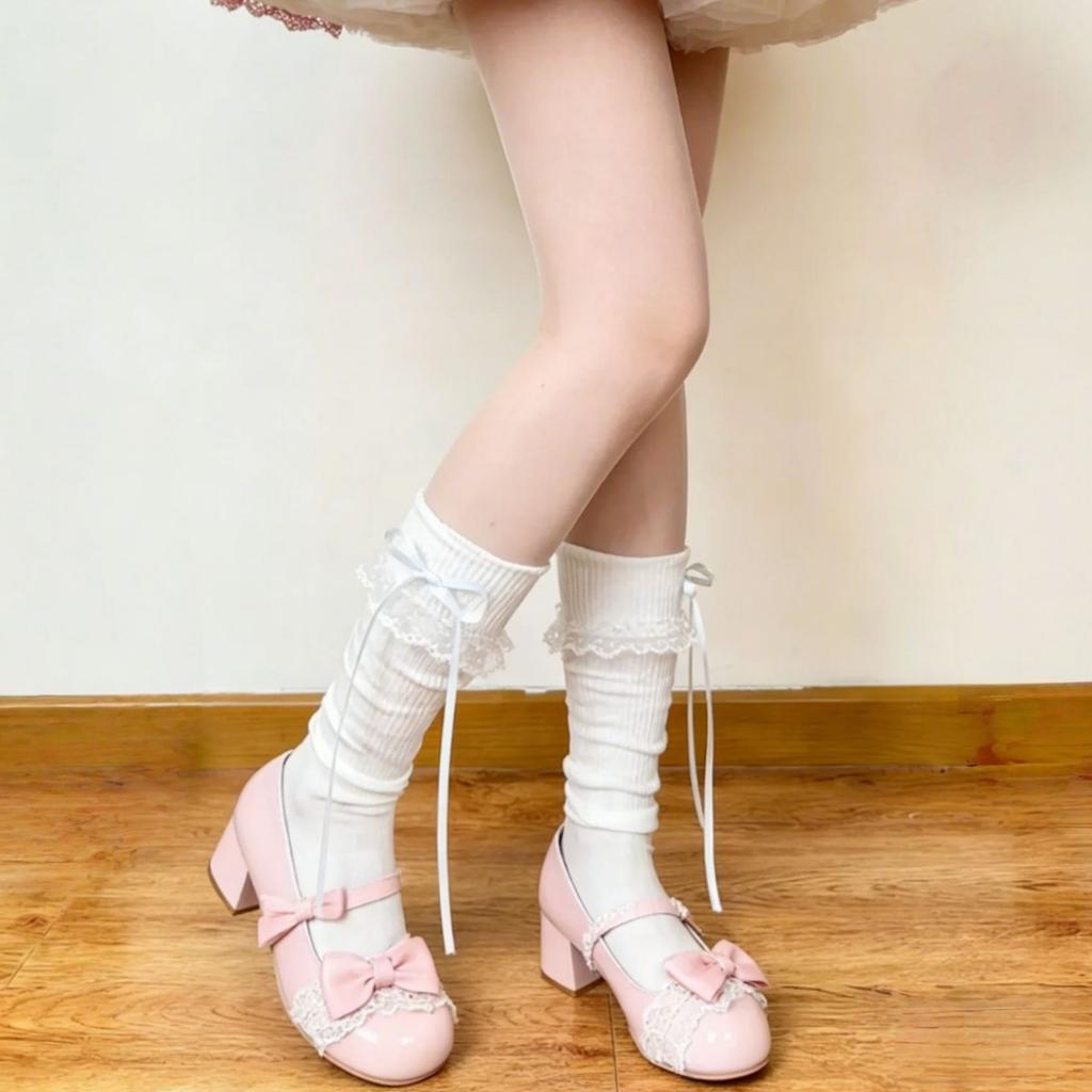 Original Japanese-style Lolita Thin Mid-Calf Knitted Polyester Tube Socks Bows Lace Design Breathable Anti-Bacterial Daily