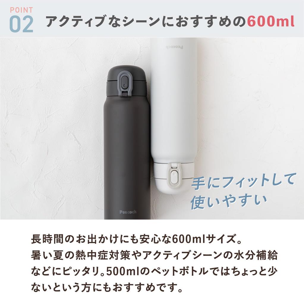 Mug Charcoal for Hot and Cold HCH The-peacock One-Touch Bottle, Gray, 600ml, Insulated, Water, AKT-60