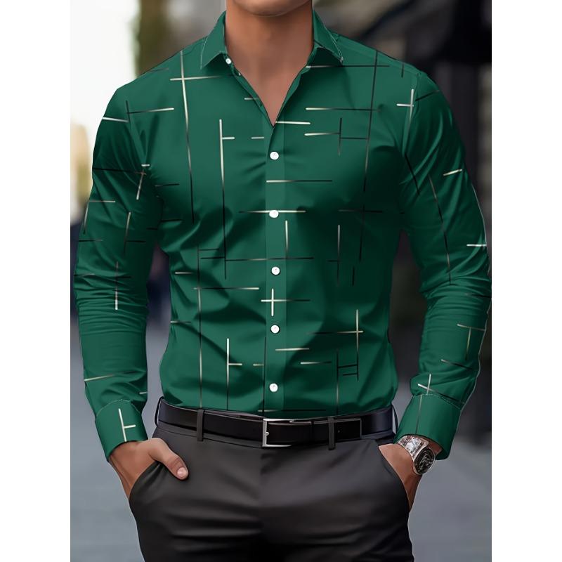 Men's Casual Geometric Print Long Sleeve Shirt - Breathable Button-Up Collared Shirt for Spring & Fall