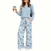 Women's Pajama Set with Pockets, Round Neck Long Sleeve Loose Fit Printed Casual Loungewear for Sleeping At Home