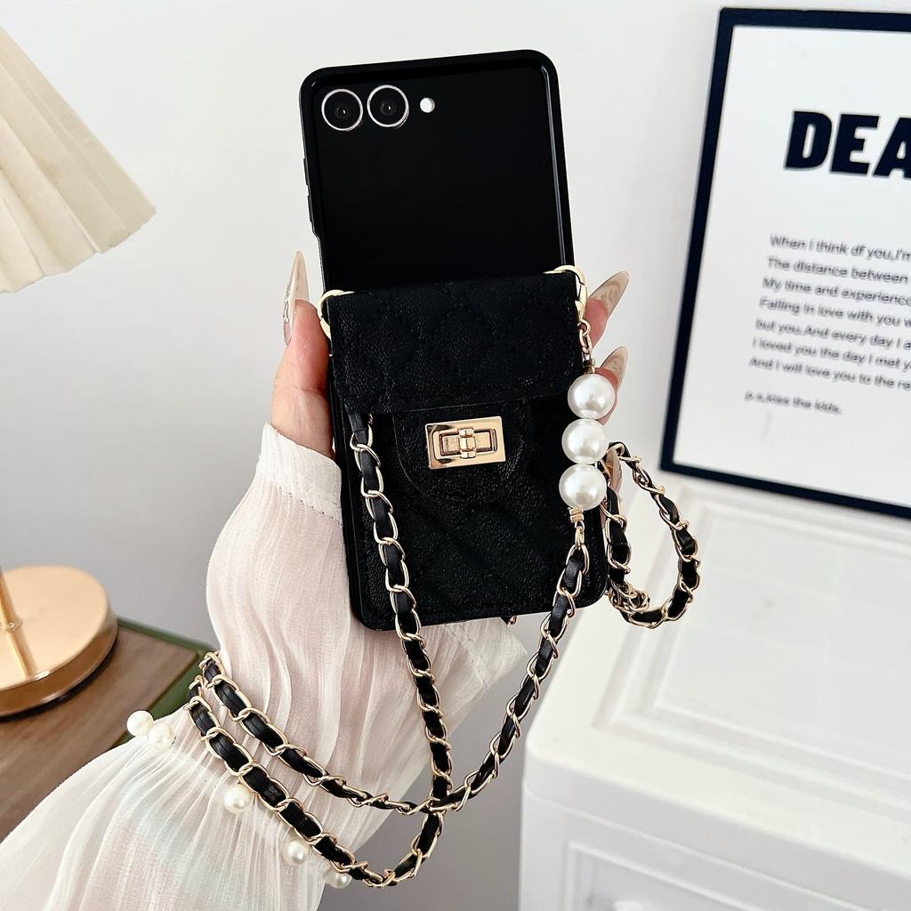 Fragrant Pearl Crossbody For Women Luxurious Card Holder Wallet Phone Case for Samsung Galaxy Z Flip 7 6 5 4 3 Shockproof Cover