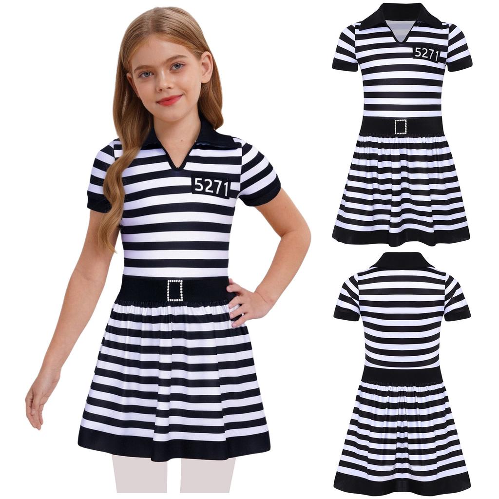 Girls Prisoner Costume Striped Dress Turn Down Collar V Neck Short Sleeve Built In Briefs Crotch Button Ruffled Skirt