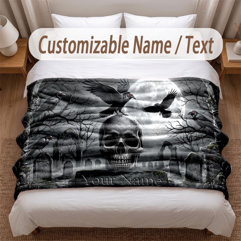 Skull Gothic Theme Soft Blanket Personalized Custom Name Text Print Warm Blanket Home Sofa Bedroom Decor