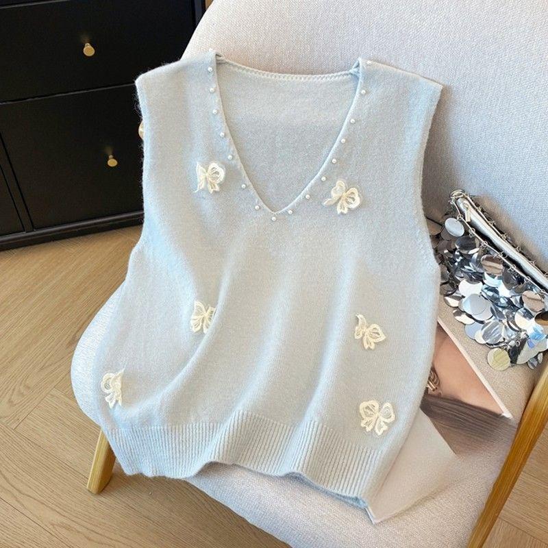 

Женские жилеты однотонные с жемчужной отделкой, французское кружево «бабочка», V-образный вырез, женский свитер, осенняя мода, минималистичные женские топы XXXL синий