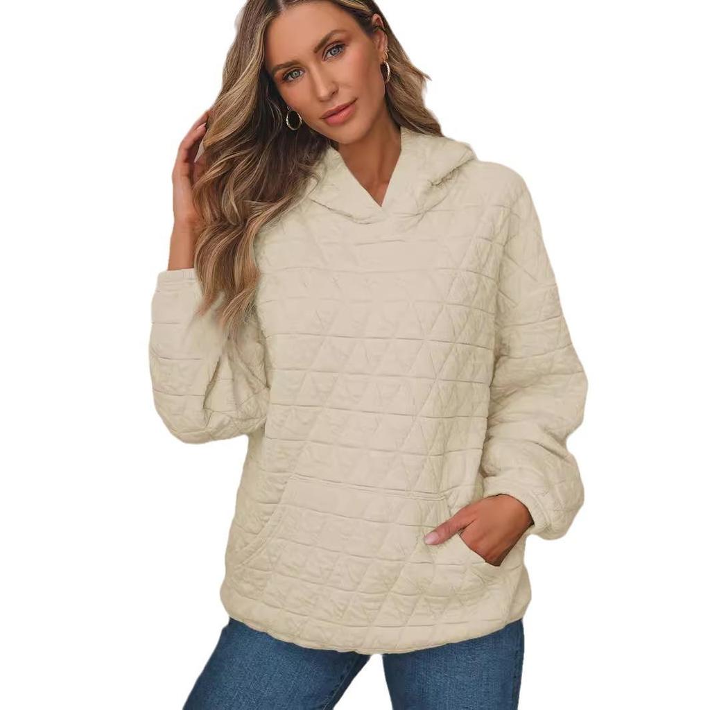 Autumn Solid Color Women's Hooded Sweatshirt Casual Wind Pocket Quilted Long Sleeve Top