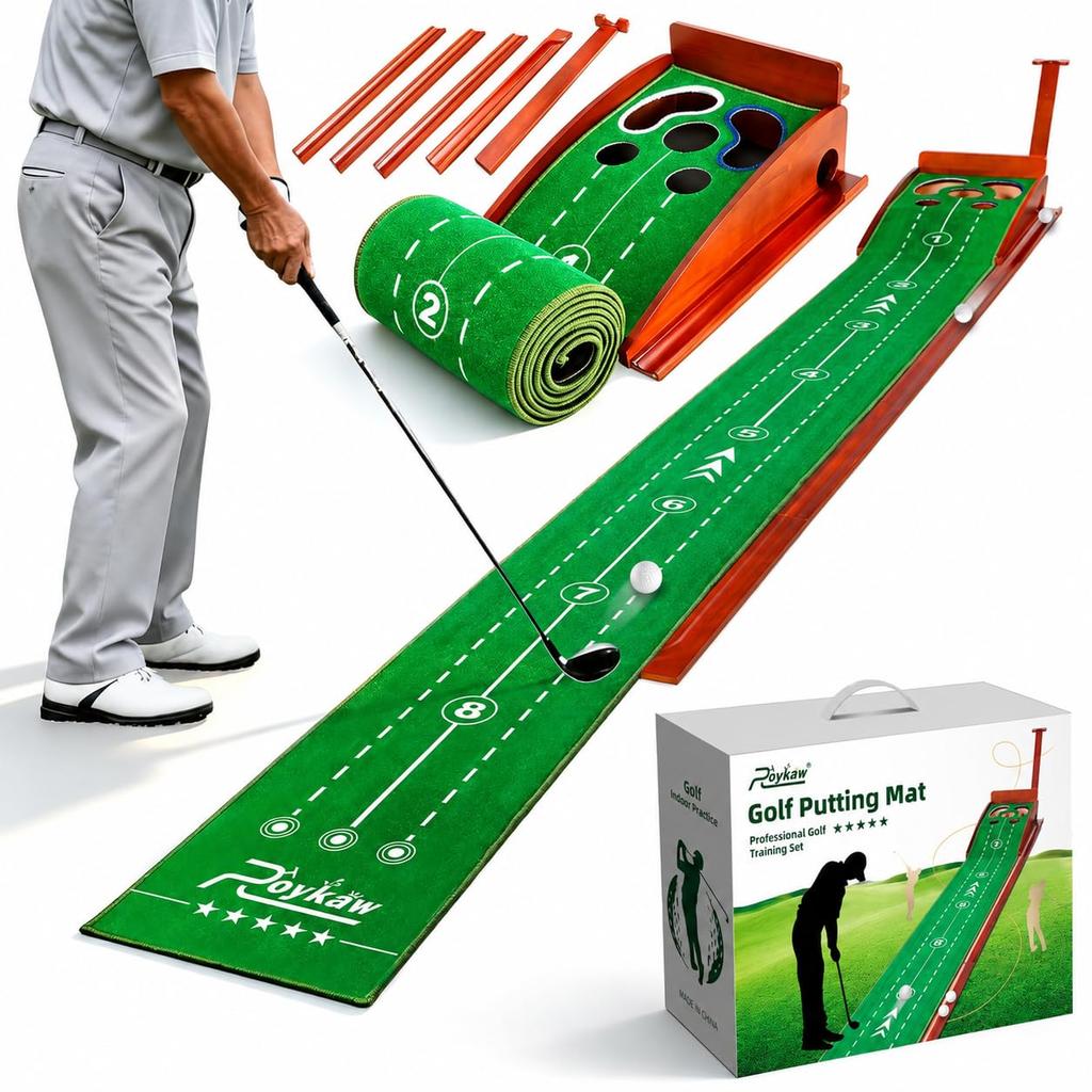Roykaw Golf Putting Mat, Golf Practice Aid with Automatic Ball Return Function, 3m High-Density Artificial Turf, Quiet Design, IndoorOutdoor Use,