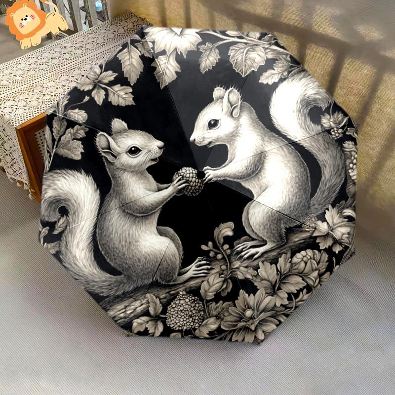 Squirrel pattern, automatic folding umbrella, portable and foldable design, 8 ribs, a Christmas or birthday gift.
