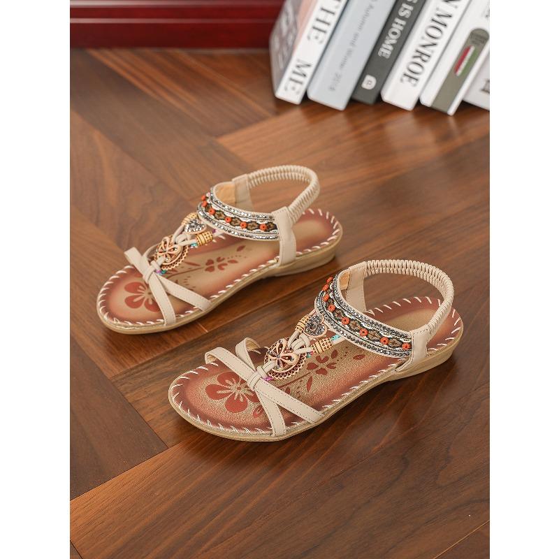 Bow, New Women's Shoes Flat-bottomed Handmade Beaded Rhinestone Sandals, Wearing Beach Little White Shoes Women