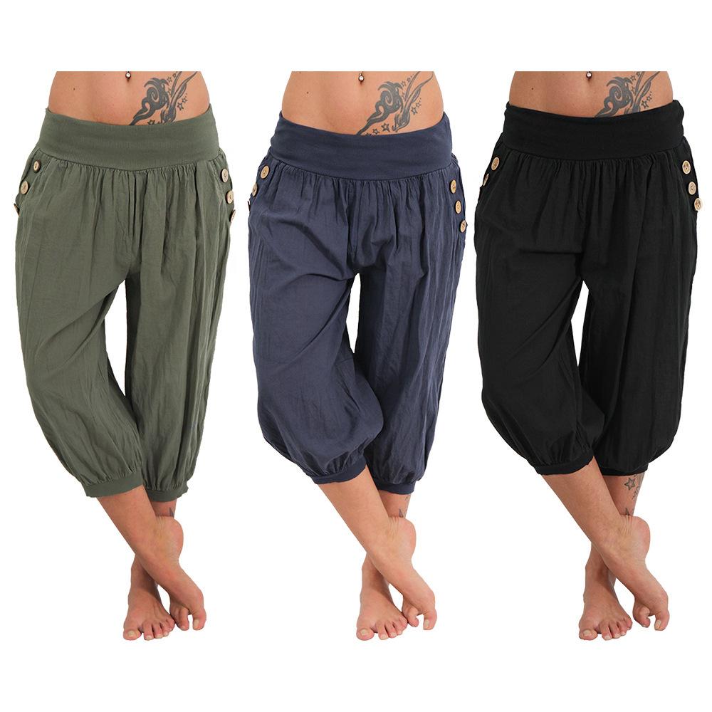 Women Summer Cotton Pants Solid Color Casual Elastic Waist Loose Harem Pants