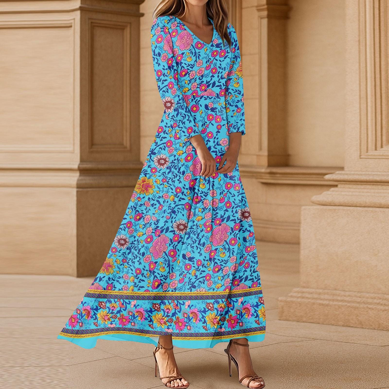 

Платья для женщин Винтажное туниковое платье миди с завышенной талией Летнее повседневное платье с рукавом 3/4 M синий